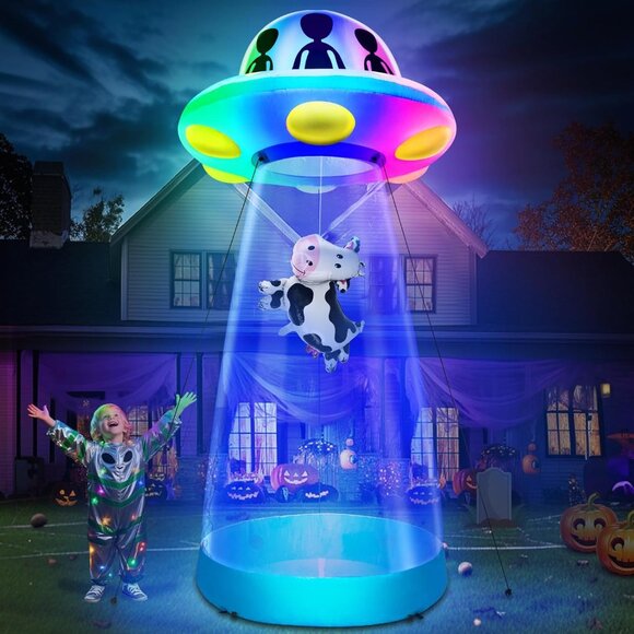 10 Ft Tall UFO Cow Halloween Blow Up Inflatable Decorations with LED Light - Picture 1 of 6